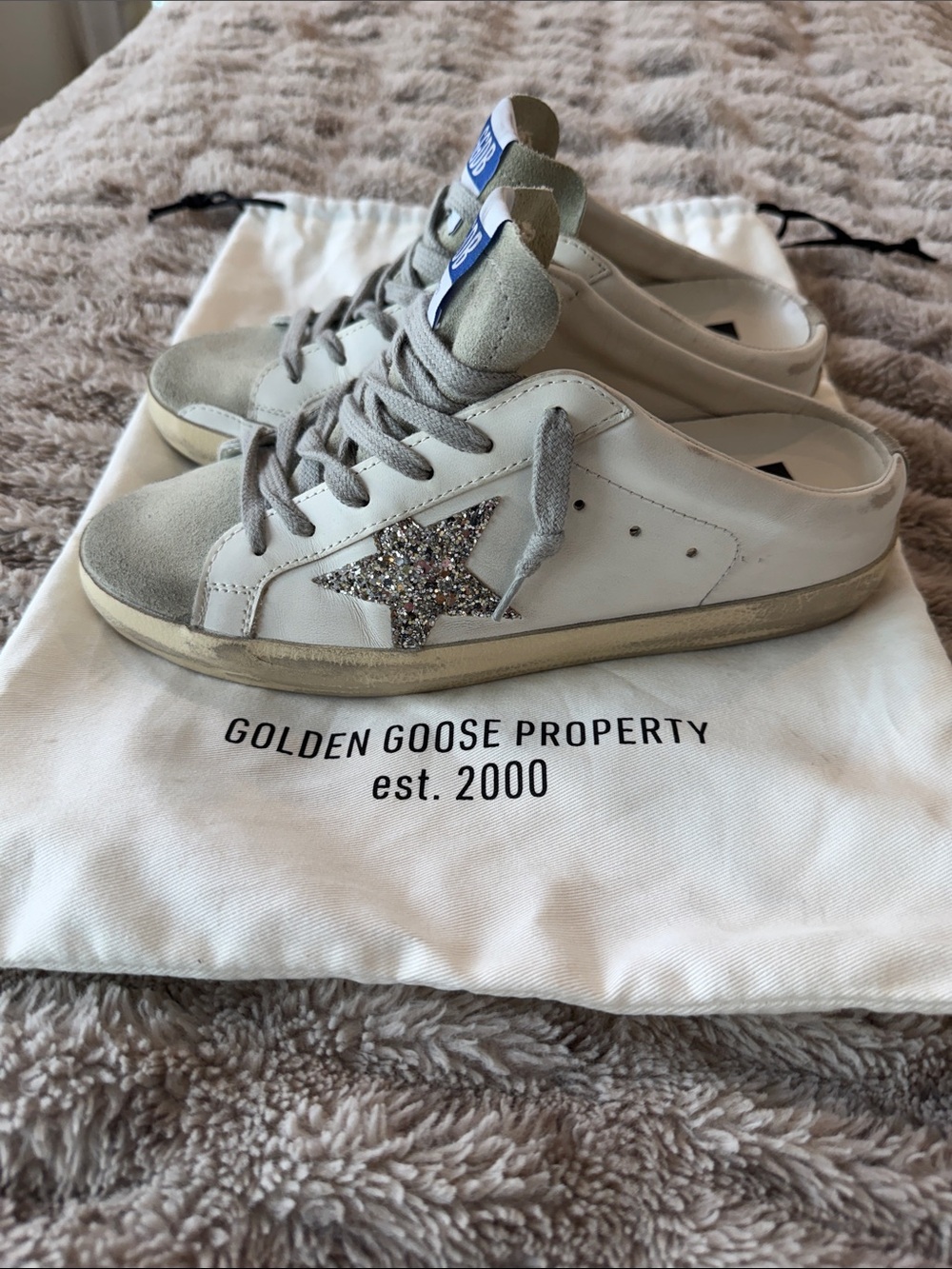 Golden Goose White Leather Slip-On Sneaker with Silver Glitter Star